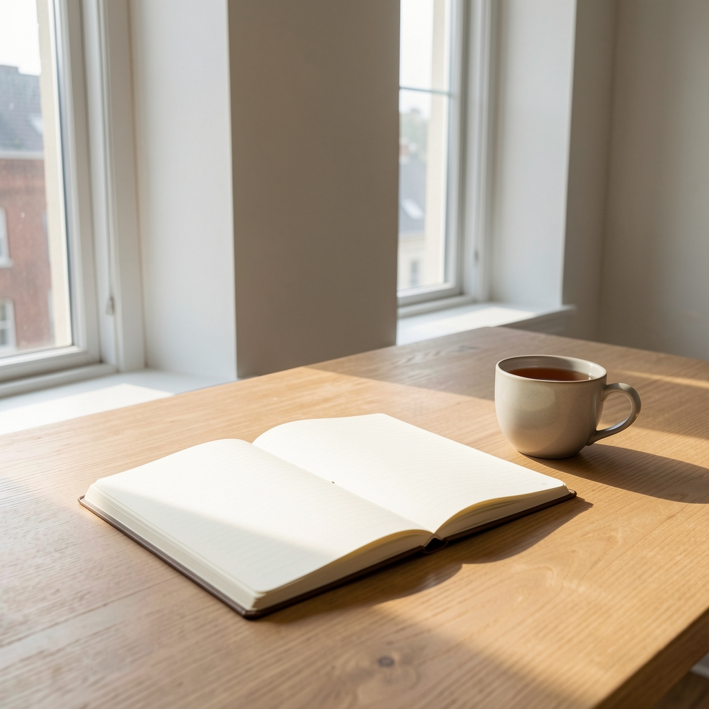 Editorial workspace with an open notebook, printed research papers, and a lamp casting warm light on a wooden desk in a London office