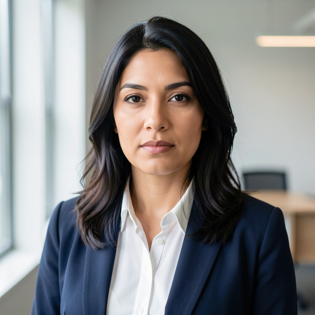 Portrait of a woman in her thirties with dark hair, neutral expression, natural window light, soft editorial photography in a minimal office setting