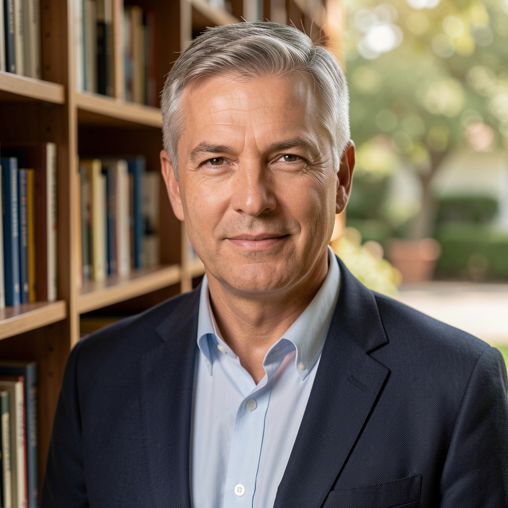 Portrait of a man in his forties with short grey hair, relaxed posture, photographed near a bookshelf with natural side-lighting, editorial style