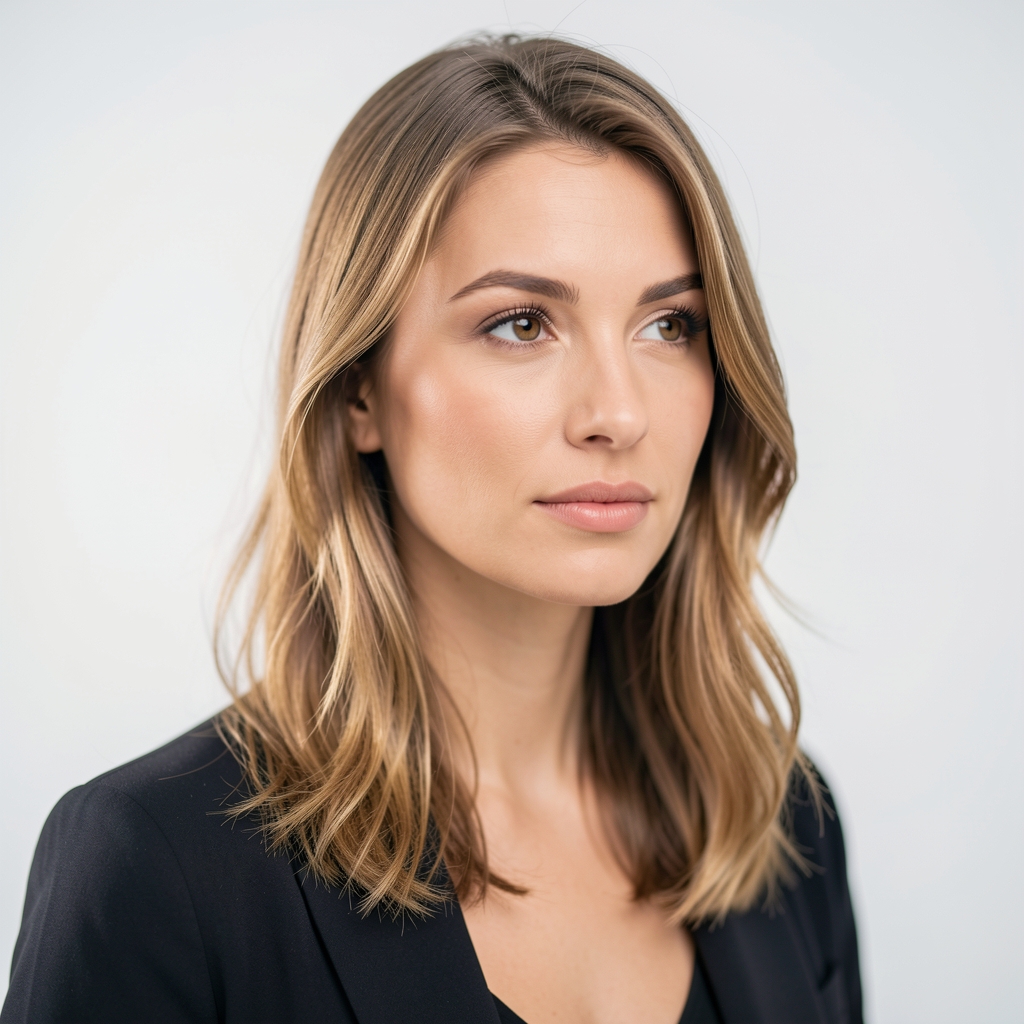 Portrait of a woman in her late twenties with light brown hair, looking slightly to the side, bright studio lighting with a pale background, editorial portrait