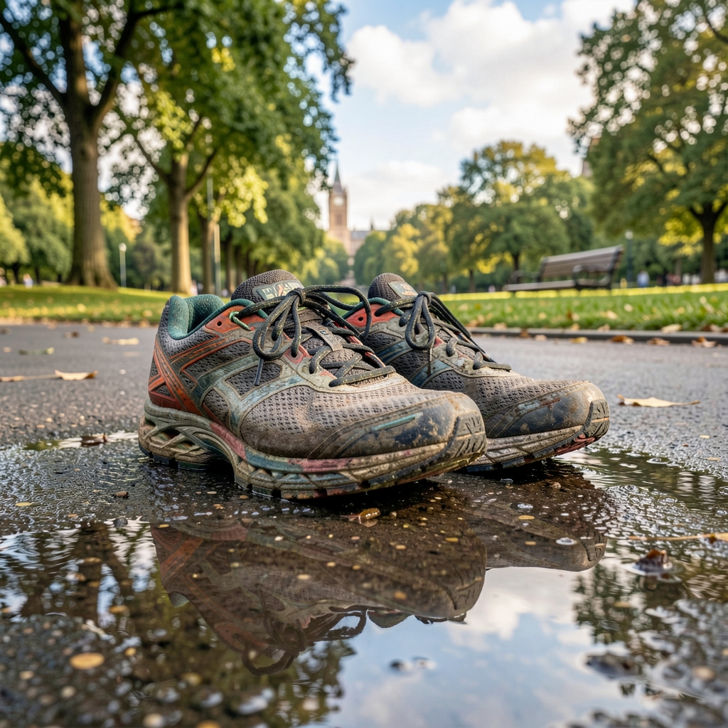 Close-up of worn running shoes on a wet pavement in a London park, morning light, small puddles reflecting the sky