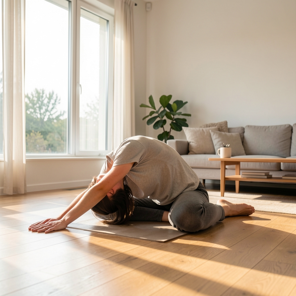 A person stretching gently on a wooden floor in a bright living room, sunlight streaming through large windows, minimal furniture