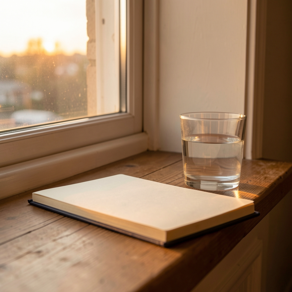 A notebook and a glass of water on a windowsill at sunrise, soft golden morning light on wooden surfaces, quiet domestic scene