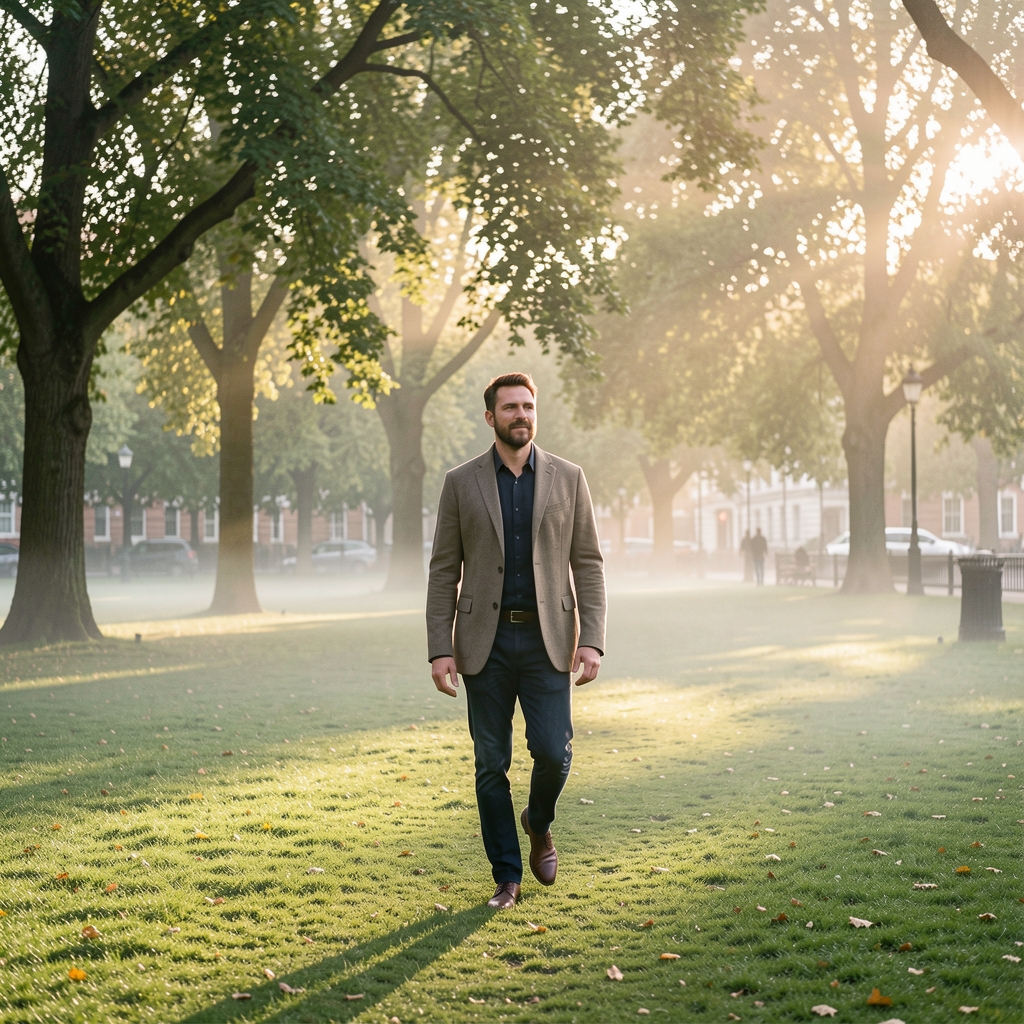 Person walking outdoors through a London park at dawn, light mist on the grass, natural morning light filtering through trees