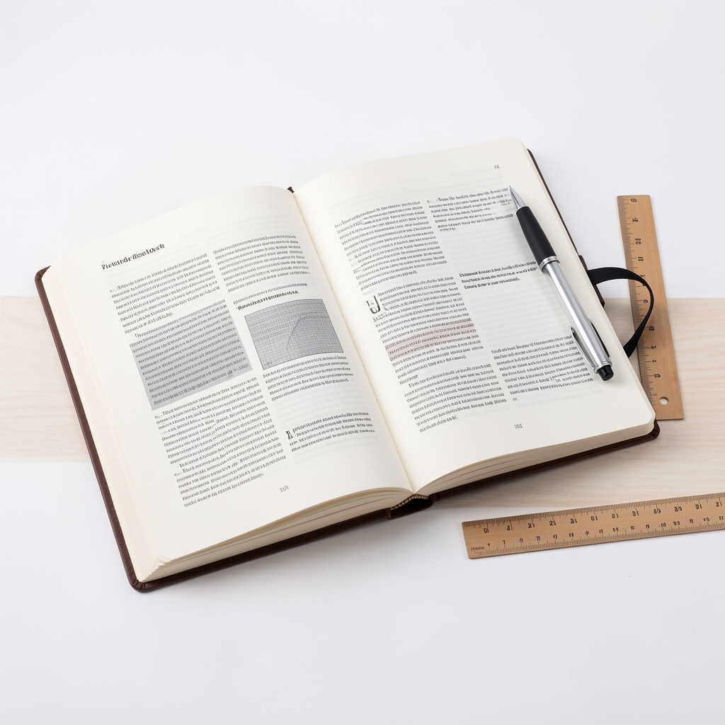 Open research notebook on a desk with printed journal pages, a pen, and a ruler, photographed under controlled studio lighting against a white background