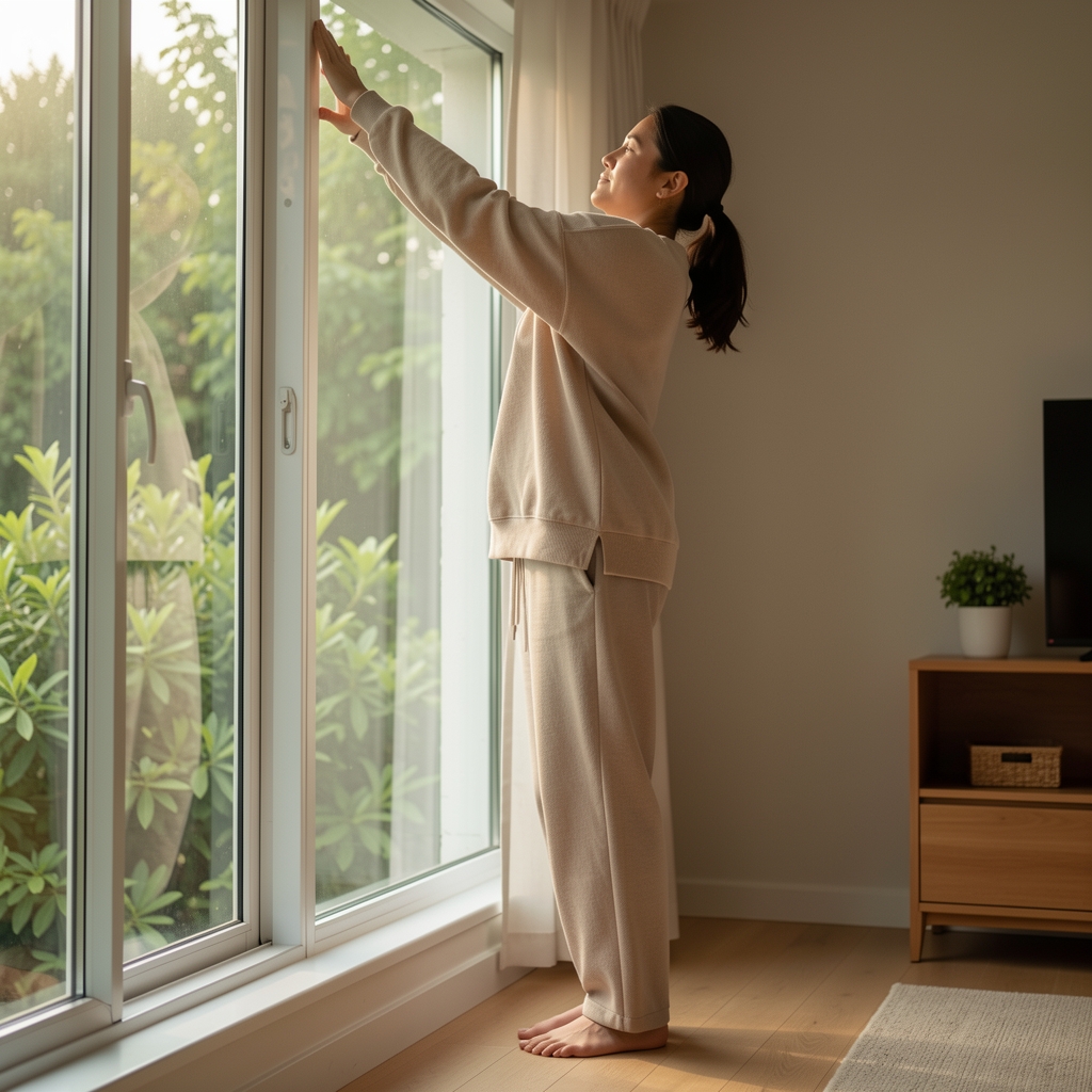 Person in comfortable loose clothing performing a slow standing stretch beside a window with green foliage visible outside, morning light, quiet domestic setting