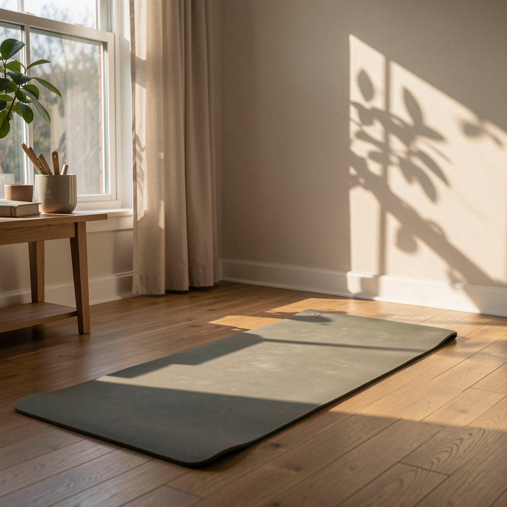 Early morning light falling across a living room floor where a yoga mat is unrolled near a window, shadows of foliage visible on the wall, quiet and still atmosphere